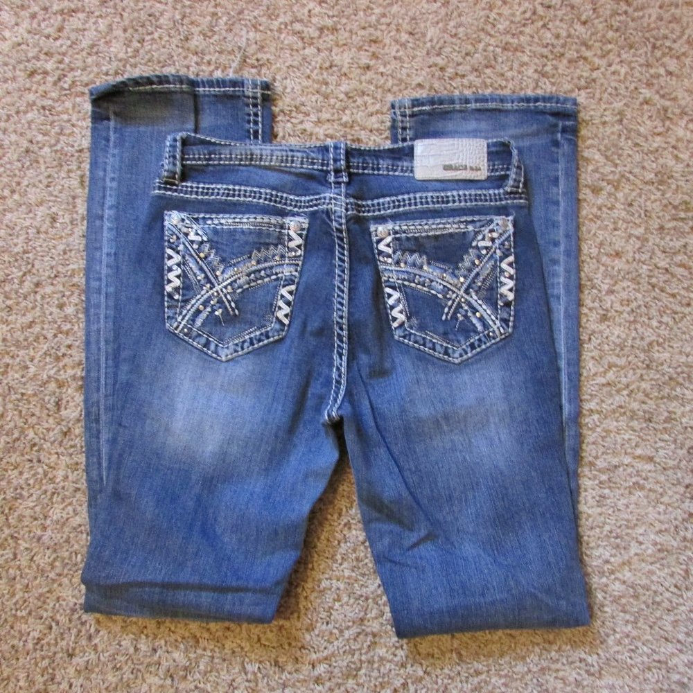 Grace In LA 29 Rhinestone Pkts Whiskered Zip Fly Jeans Boot Cut JUNIOR FIT